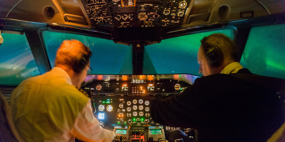Northern Lights, seen from the cockpit.